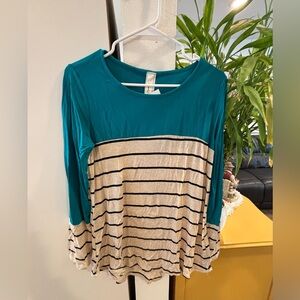 Striped Teal and Cream Long Sleeve Women's Top